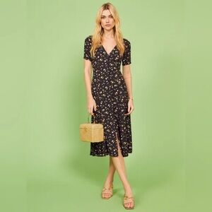 Reformation Black and White Puff Sleeve Midi Sundress